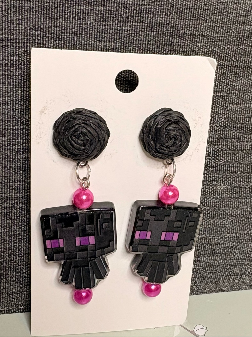 Handmade Black and Pink Pixel Monster “Endermen” Drop Earrings - Women Jewelry